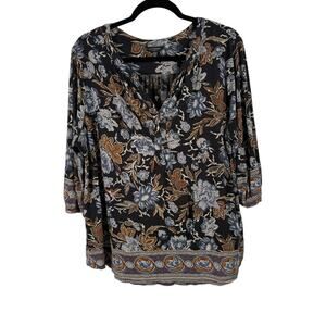 Lucky Brand Black Floral Popover Blouse Long Sleeve Boho Preppy Womens Plus 2x